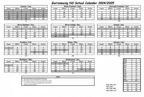 Gurraneasig NS School Calendar 2024 - 2025